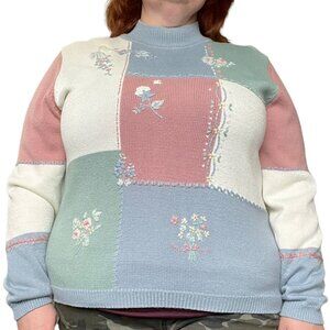 Vintage Alfred Dunner Pink Blue Cottagecore Floral‎ Mock Neck Sweater XL Pastel